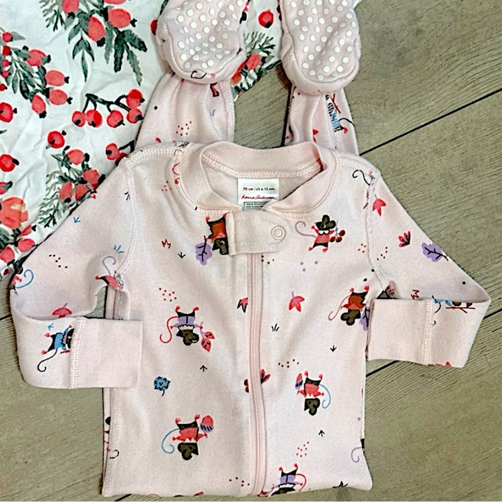 New Hanna Andersson Mice Print Zip Footie Pajamas Organic Pink Baby Girl 6-12M